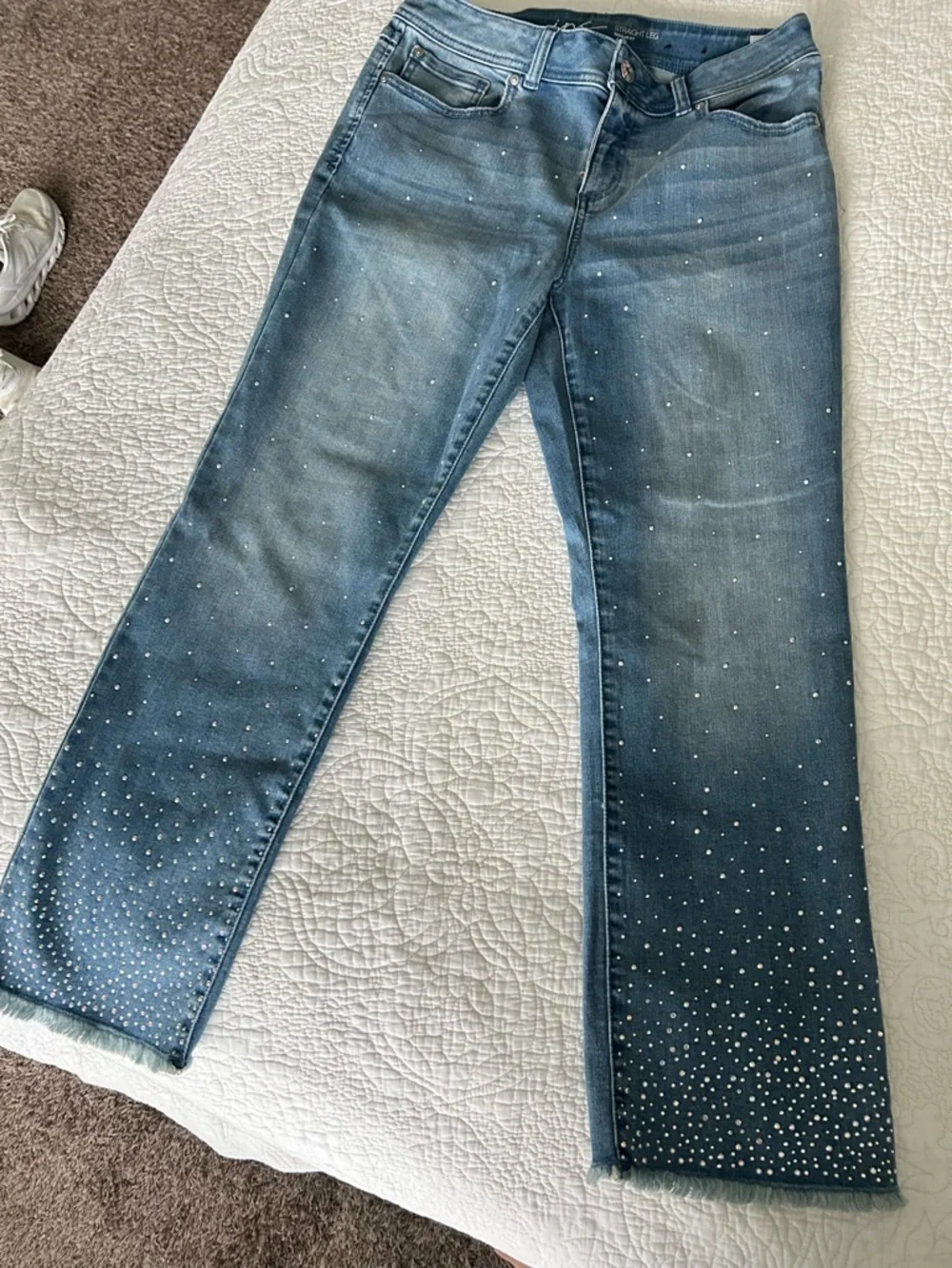 Blue Women's Rhinestone Hem Straight-Leg Jeans - Picture 1 of 3